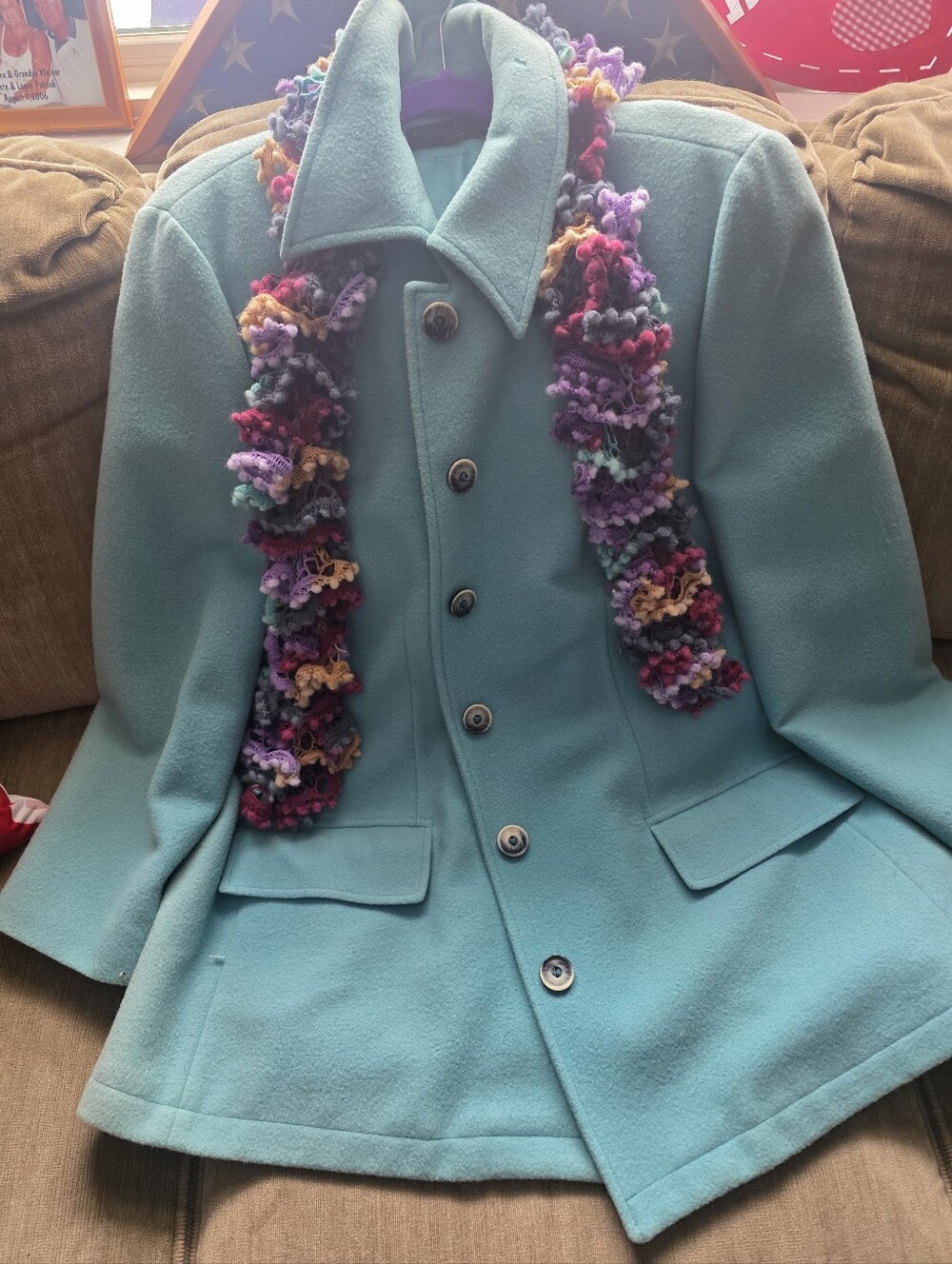 Harve Benard Teal Wool Blend Peacoat with Multi-Color Ruffle Scarf
